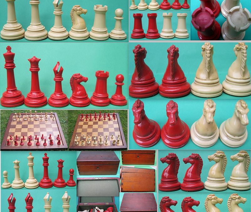 Collage of 1891 Xynolite Royal Chessmen size 5 and weighted
