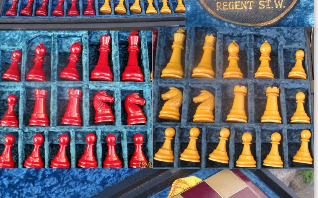 A cased Hamley’s Staunton Catalin chess set c.1930’s?