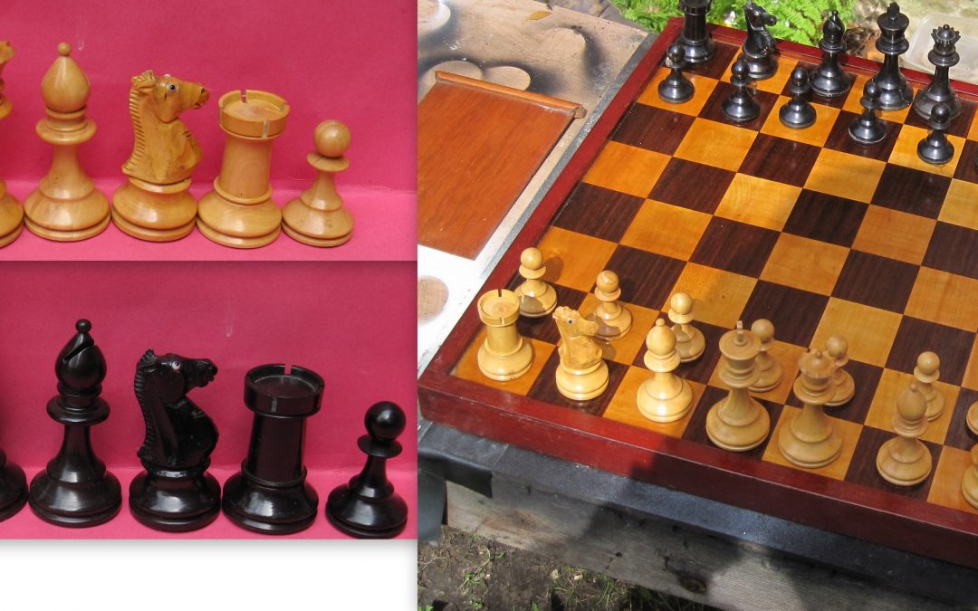 Early 20th century Staunton wooden chess set with glass eyed knights